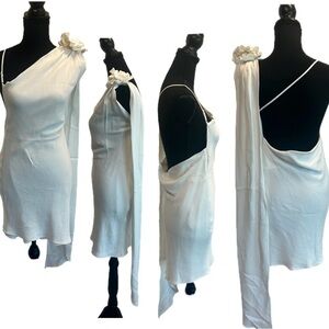 Zara White asymmetrical one shoulder flower draped sash mini dress Sz S NWOT
